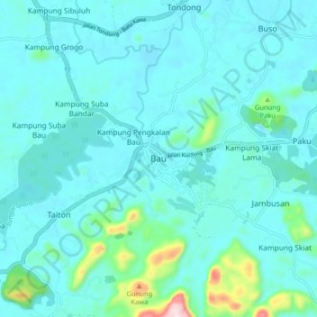 Mapa topográfico Bau, altitud, relieve