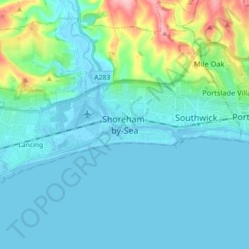 Mapa topográfico Shoreham-by-Sea, altitud, relieve