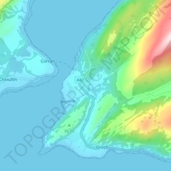 Mapa topográfico Inchree, altitud, relieve