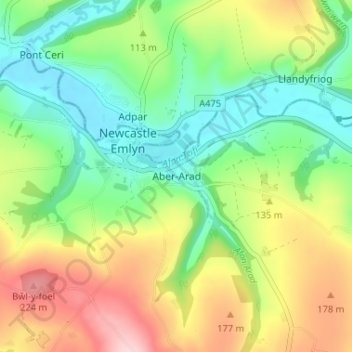 Mapa topográfico Aber-Arad, altitud, relieve
