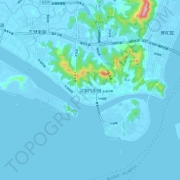 Mapa topográfico 沈家门街道, altitud, relieve