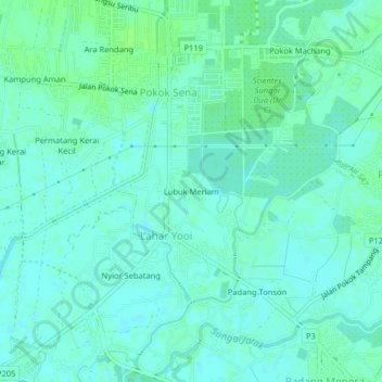 Mapa topográfico Lubuk Meriam, altitud, relieve