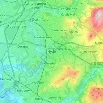 Mapa topográfico Hyde, altitud, relieve