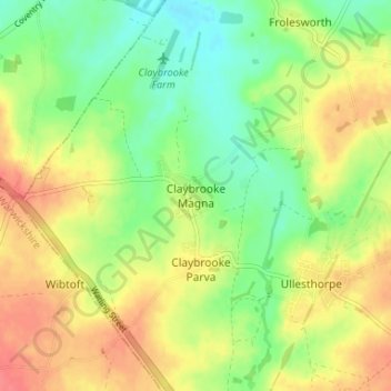 Mapa topográfico Claybrooke Magna, altitud, relieve