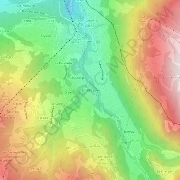 Mapa topográfico Les Margagnes, altitud, relieve