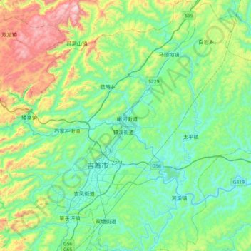 Mapa topográfico Prefettura autonoma tujia e miao di Xiangxi, altitud, relieve