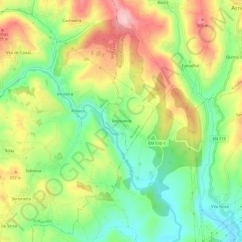 Mapa topográfico Tesoureira, altitud, relieve