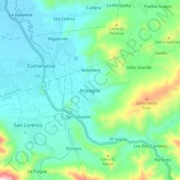 Mapa topográfico Aricagua, altitud, relieve
