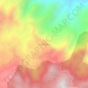 Mapa topográfico Poombarai, altitud, relieve