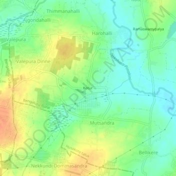 Mapa topográfico Kotur, altitud, relieve