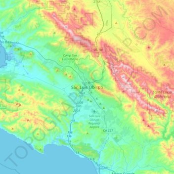 Mapa topográfico San Luis Obispo, altitud, relieve