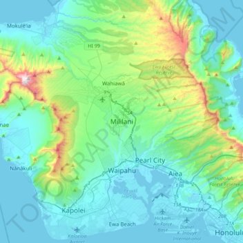 Mapa topográfico Mililani, altitud, relieve