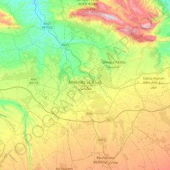 Mapa topográfico Meknes, altitud, relieve