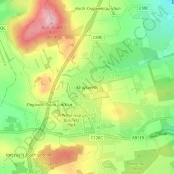 Mapa topográfico Kingswells, altitud, relieve