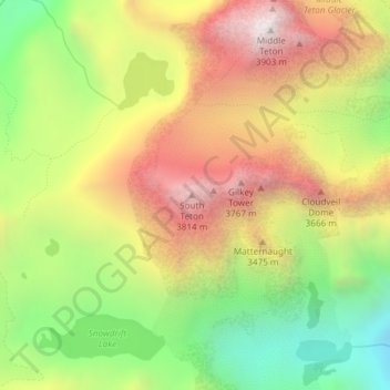 Mapa topográfico South Teton, altitud, relieve