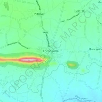 Mapa topográfico Chennimalai, altitud, relieve