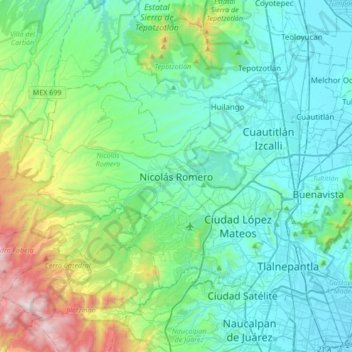 Mapa topográfico Nicolás Romero, altitud, relieve