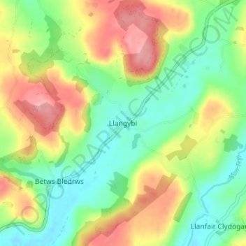 Mapa topográfico Llangybi, altitud, relieve