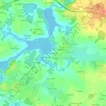 Mapa topográfico Kergouguec, altitud, relieve