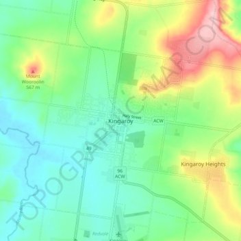 Mapa topográfico Kingaroy, altitud, relieve
