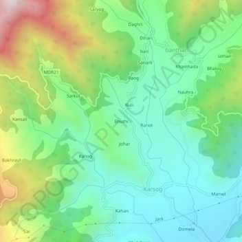 Mapa topográfico Bhuthi, altitud, relieve
