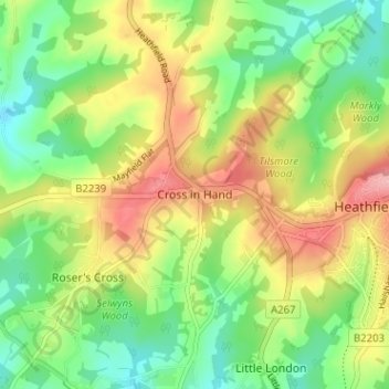 Mapa topográfico Cross in Hand, altitud, relieve