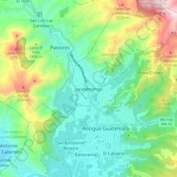 Mapa topográfico Jocotenango, altitud, relieve