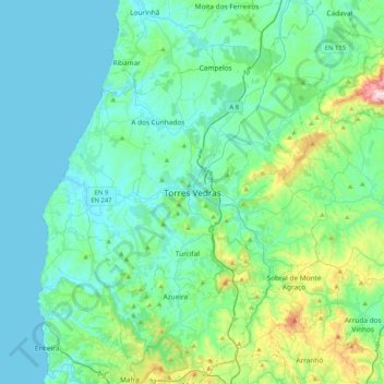 Mapa topográfico Torres Vedras, altitud, relieve