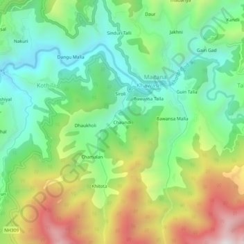 Mapa topográfico Chaundi, altitud, relieve