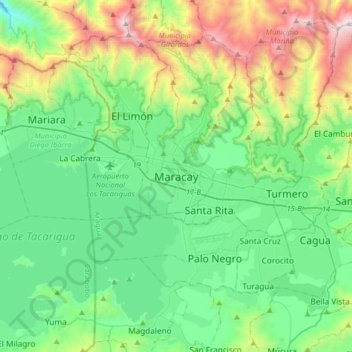 Mapa topográfico Maracay, altitud, relieve