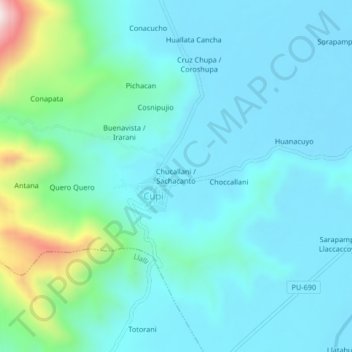 Mapa topográfico Chucallani / Sachacanto, altitud, relieve