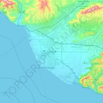 Mapa topográfico Oxnard, altitud, relieve