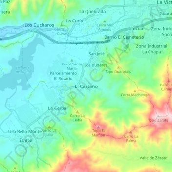 Mapa topográfico El Castaño, altitud, relieve