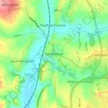 Mapa topográfico Oakerthorpe, altitud, relieve