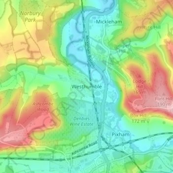 Mapa topográfico Westhumble, altitud, relieve