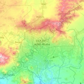 Mapa topográfico Addis Abeba, altitud, relieve