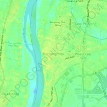 Mapa topográfico Kampung Kota, altitud, relieve