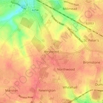 Mapa topográfico Westwood, altitud, relieve