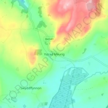 Mapa topográfico Ystrad Meurig, altitud, relieve