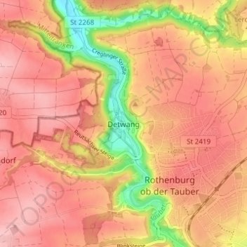 Mapa topográfico Detwang, altitud, relieve