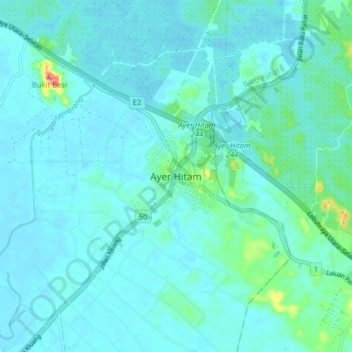 Mapa topográfico Ayer Hitam, altitud, relieve