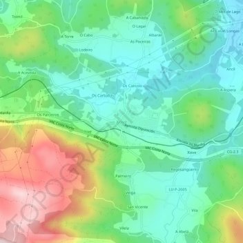 Mapa topográfico Xove, altitud, relieve
