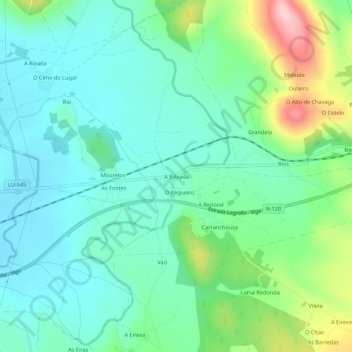 Mapa topográfico A Estrada, altitud, relieve