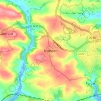Mapa topográfico Trematon, altitud, relieve