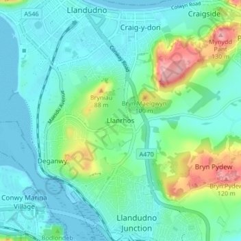 Mapa topográfico Llanrhos, altitud, relieve