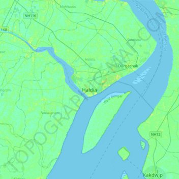 Mapa topográfico Haldia, altitud, relieve