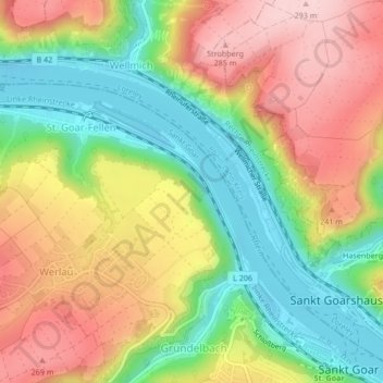 Mapa topográfico Rhine Gorge, altitud, relieve