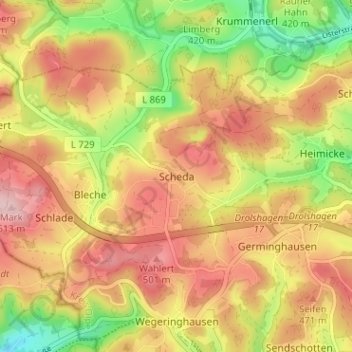 Mapa topográfico Scheda, altitud, relieve