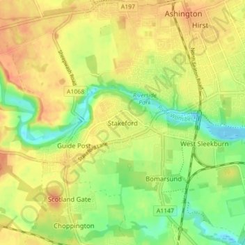 Mapa topográfico Stakeford, altitud, relieve