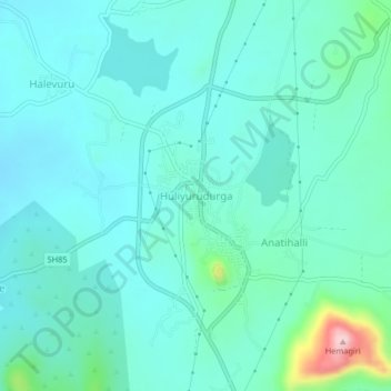 Mapa topográfico Huliyurudurga, altitud, relieve